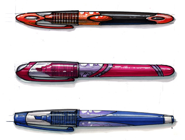 Hand sketches of liquid inks writing instruments - pens, markers and highlighters